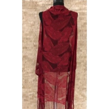 Pareo Dantel Yelek Mayo Bikini Üzeri Yaprak Desenli Püsküllü Plaj Elbisesi Bordo