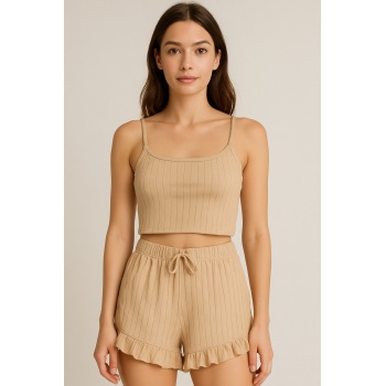 Crop Takım Askılı Crop Takım Likralı Bej (XL)