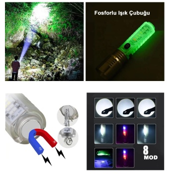 Biyomak® El Feneri 8 Mod Şarjlı Fosforlu Mıknatıslı Led El Feneri
