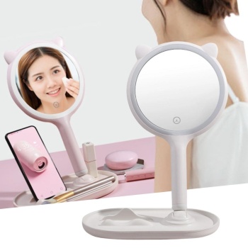 Biyomak®  Kedi Kulaklı Telefon Standlı Yuvarlak Dokunmatik Led Ayarlı Masa Üstü Makyaj Aynası
