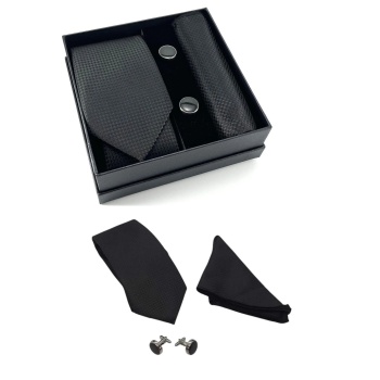 Biyomak® Kravat Düğme Set Siyah Desenli Kravat Mendil Kol Düğmesi Özel Set