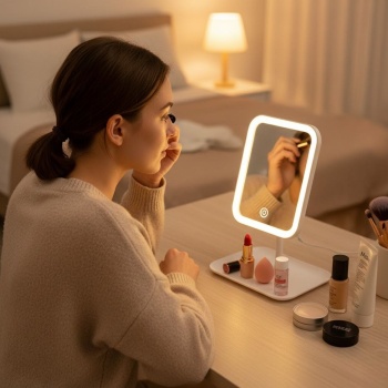 Biyomak®  Dokunmatik LED Işıklı Kare Makyaj Aynası – Altı Organizer Kaseli, Ayarlanabilir Aydınlatmalı Masaüstü Makyaj ve Cilt Bakım Aynası