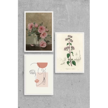 Çiçek Üçlü Ahşap Çerçeveli Tablo