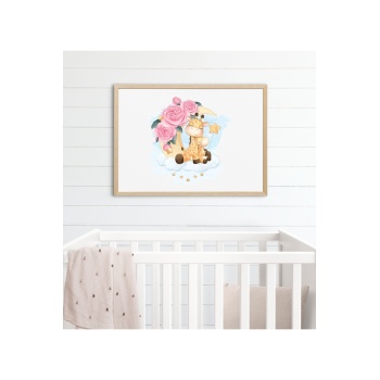 Biyomak® Ahşap Zürafa Baskılı Bebek Odası Çerçeveli Tablo - Naturel