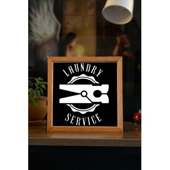 Biyomak® Banyo Laundry Service Siyah Zemin Ahşap Çerçeve