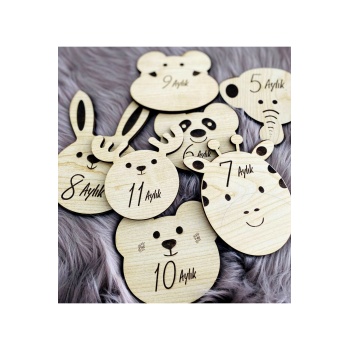 Biyomak® Sevimli Hayvanlar Ahşap Çift Taraflı Aylık Bebek Kartlar