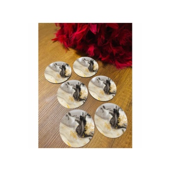 Biyomak® 6 Parça Siyah Gold Mermer Ahşap Bardak Altlığı