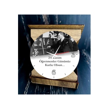 Biyomak® Öğretmenler Günü Atatürk Resimli Ahşap Dekor I Karikatürlü Masa Saati
