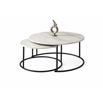 ® Beyaz Mermer Yavrulu Orta Sehpa Takımı – Siyah Metal Ayaklı