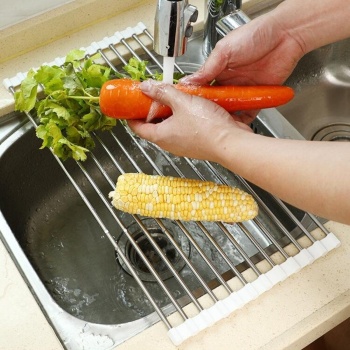 ® Yeni Ürün Evye Üstü Katlanır Nihale Paslanmaz Çelik Pratik Sebze Meyve Bulaşık Kurutma Süzgeci
