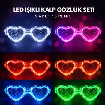 ® Yeni Ürün Led Işıklı Kalp Glow Pilli Parti Gözlüğü – 6 Adet / 5 Renk Set
