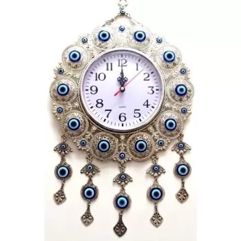 ® Yeni Ürün Nazar Boncuklu Gümüş Kaplama Solmaz Kararmaz Duvar Saati