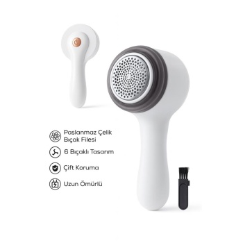 ® Yeni Ürün 6 Bıçaklı Şarjlı Tüy Ve Tiftik Temizleme Makinesi Beyaz Yuvarlak Tasarım YEDEK BIÇAKLI