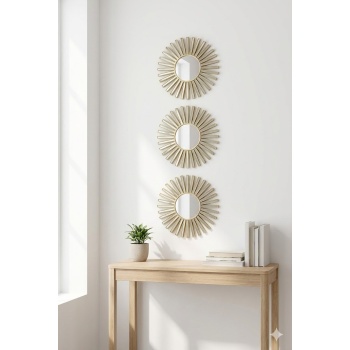 ® Yeni Ürün 3’lü Gold Güneş Desenli Duvar Aynası Seti 27 cm | Dekoratif Yuvarlak Ayna