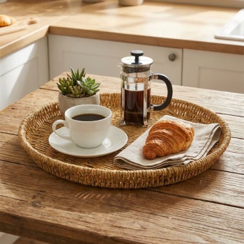 ® Yeni Ürün 35 cm Plastik Rattan TepsiHasır Görünümlü Dekoratif Servis Tepsisi, Mutfak, Kahvaltı, Sunum ve Masaüstü Çok Amaçlı Organizer