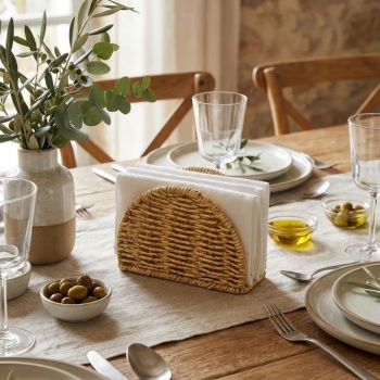 ® Yeni Ürün Dekoratif Plastik Rattan Yarım Yuvarlak Peçetelik–Doğal Hasır Dokulu Masaüstü Peçete Standı