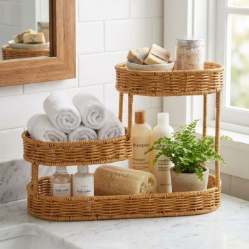 ® Yeni Ürün 3 Katlı Oval Rattan Organizer SepetPlastik Hasır Görünümlü Çok Amaçlı Düzenleyici