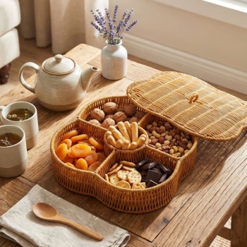 ® Yeni Ürün Kapaklı 5 Bölmeli Plastik Rattan Organizer KutuHasır Desenli Çok Amaçlı Saklama ve Sunum Sepeti Çerezlik