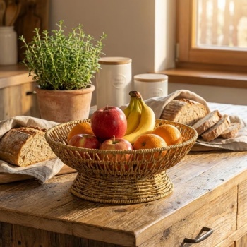 ® Yeni Ürün 25 cm Plastik Rattan Servis ÇanağıDoğal Hasır Görünümlü Dekoratif Meyve, Ekmek ve Sunum Kasesi