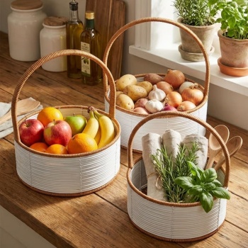 ® Yeni Ürün 3 Boy İç İçe Geçebilen Plastik Rattan Sepetler–Beyaz Renkli,Kahverengi Saplı, Çok Amaçlı Düzenleyici ve Sunum Sepeti Seti