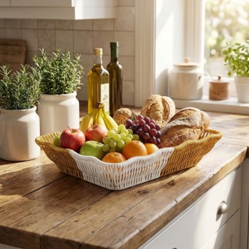 ® Yeni Ürün Dikdörtgen Çift Renkli Plastik Rattan Ekmek ve Meyve SepetiÇok Amaçlı Banyo ve Mutfak DüzenleyiciYıkanabilir Tezgâh Üstü Organizer