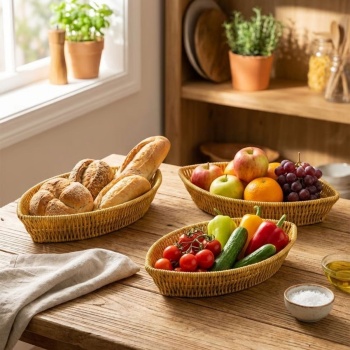 ® Yeni Ürün 3’lü Kayık Formlu Plastik Rattan Sepet Seti–Hasır Görünümlü Ekmek, Meyve ve Sunum Sepetleri, Çok Amaçlı Masaüstü Organizer