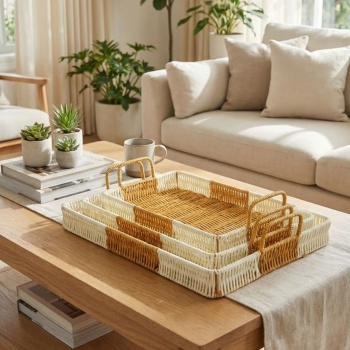 ® Yeni Ürün İç İçe Geçebilen 3’lü Dikdörtgen Plastik Rattan Tepsi Seti–Çift Renkli Hasır Görünümlü Çok Amaçlı Servis ve Sunum Tepsileri