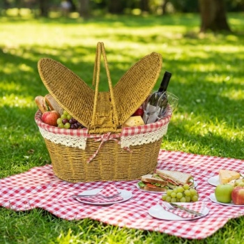 ® Yeni Ürün 2 Kapaklı Oval Plastik Rattan Piknik SepetiDoğal Hasır Görünümlü Çok Amaçlı Piknik, Plaj ve Bahçe Sepeti