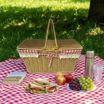® Yeni Ürün 2 Kapaklı Dikdörtgen Plastik Rattan Piknik SepetiDoğal Hasır Görünümlü Çok Amaçlı Piknik, Plaj ve Bahçe Sepeti