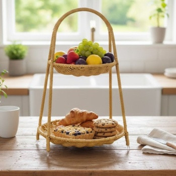 ® Yeni Ürün Plastik Rattan İki Katlı Sunumluk–Dekoratif Organizer, Mutfak Meyve,Sebze Sepeti, Banyo Düzenleyici Raf,Masaüstü Çok Amaçlı Sunum Standı