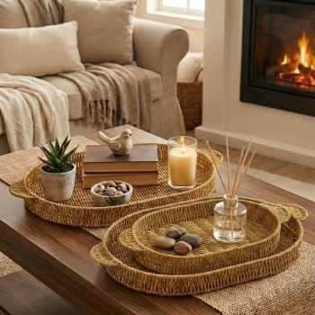 ® Yeni Ürün İç İçe Geçebilen 3’lü Oval Plastik Rattan Tepsi Seti–Hasır Görünümlü Çok Amaçlı Servis ve Sunum Tepsileri