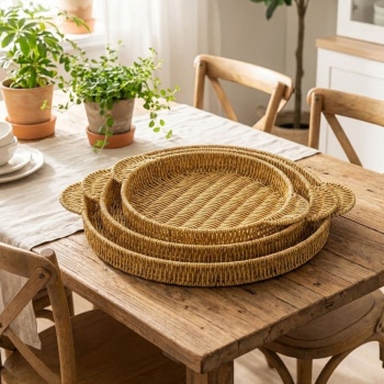® Yeni Ürün İç İçe Geçebilen 3’lü Yuvarlak Plastik Rattan Tepsi Seti–Hasır Görünümlü Çok Amaçlı Servis ve Sunum Tepsileri