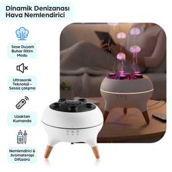 ® Yeni Ürün Jellyfish Ultrasonik Hava NemlendiriciDeniz Anası Tasarımlı, Kumandalı, LED Işıklı ve Sese Duyarlı Ritim Modlu Buhar Makinesi