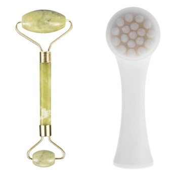 ® Yeni Ürün 2li Set Çift Taraflı Cilt Temizleme Fırçası ve Yeşim Taşı Çift Taraflı Cilt Masaj Aleti