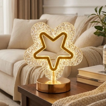 BUFFER® İçi Boş Yıldız Şeklinde Kristal LED Masa Lambası – Dokunmatik, 3 Renk Işık Modlu, Şarjlı Mini Dekoratif Gece Lambası