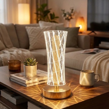 BUFFER® Silindirik Kristal Çizgi Model LED Masa Lambası – Gold Tabanlı, Dokunmatik, 3 Renk Işık Modlu, Şarjlı Modern Dekoratif Gece Lambası