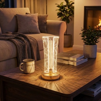 BUFFER® İki Yandan Kavisli Silindirik Geometrik Çizgi Model Kristal LED Masa Lambası – Dokunmatik, 3 Renk Işık Modlu, Şarjlı Dekoratif Gece Lambası