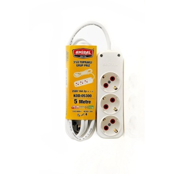 ® Yeni Ürün Amiral 3 Lü Topraklı 5 Metre Kablolu Grup Priz
