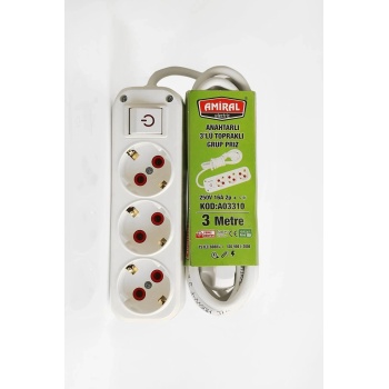 ® Yeni Ürün Amiral 3 Lü Topraklı Anahtarlı 3 Metre Kablolu Grup Priz