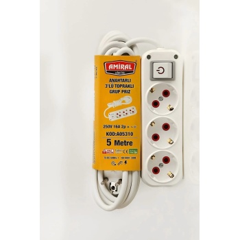 ® Yeni Ürün Amiral 3 Lü Topraklı Anahtarlı 5 Metre Kablolu Grup Priz