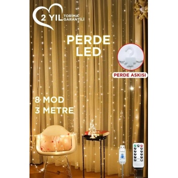 ® Yeni Ürün Lw-7 300 Ledli 10 Sarkıt Perde Led Işık, 8 Modlu Uzaktan Kumandalı, 3x3 Metre Peri Telli Led