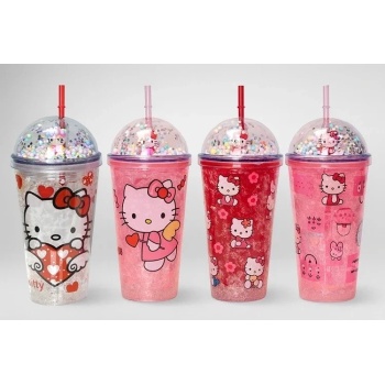 ® Yeni Ürün Sevimli Hello Kitty Işıklı Pipetli Boncuklu Suluk & Bardak 400 Ml
