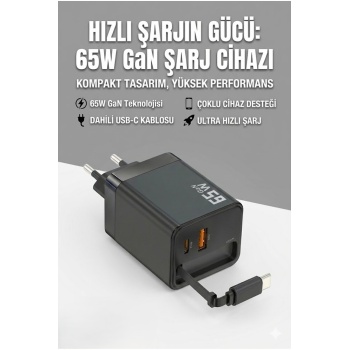 ® Yeni Ürün 65W Süper Hızlı Şarj Cihazı | Dahili Type-C Kablo | USB-C & USB-A Çıkış | Çoklu Cihaz Desteği