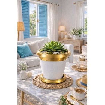 ® Yeni Ürün Gold Bilezikli 1.7 Litre Dekoratif Plastik Saksı Beyaz