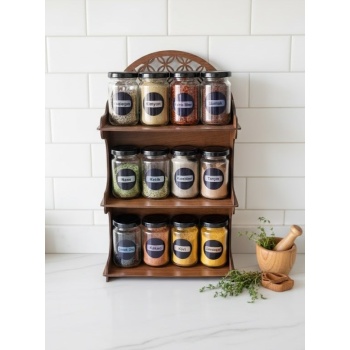 12li Meşe Rengi Mdf Standlı Dekoratif Baharatlık Seti - Baharatlık Takımı
