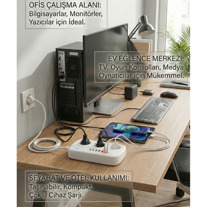 ® Yeni Ürün 2500W Çoklu Priz 2 METRE3’lü AC Priz +5 USB Çıkışı AKIM KORUMALI Alev Almayan Gövde,