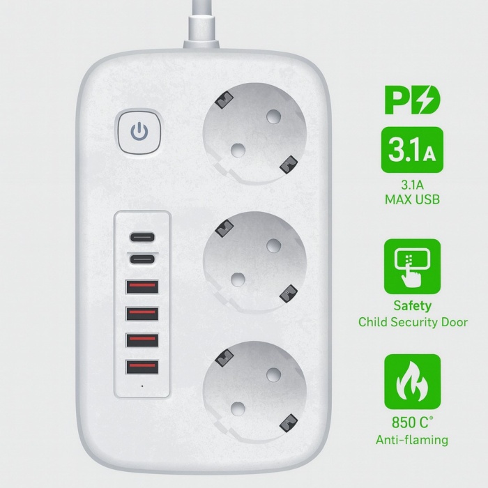 ® Yeni Ürün 2500W Çoklu Priz 2 METRE3’lü AC Priz +5 USB Çıkışı AKIM KORUMALI Alev Almayan Gövde,