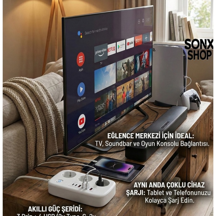 ® Yeni Ürün 2500W Çoklu Priz 2 METRE3’lü AC Priz +5 USB Çıkışı AKIM KORUMALI Alev Almayan Gövde,