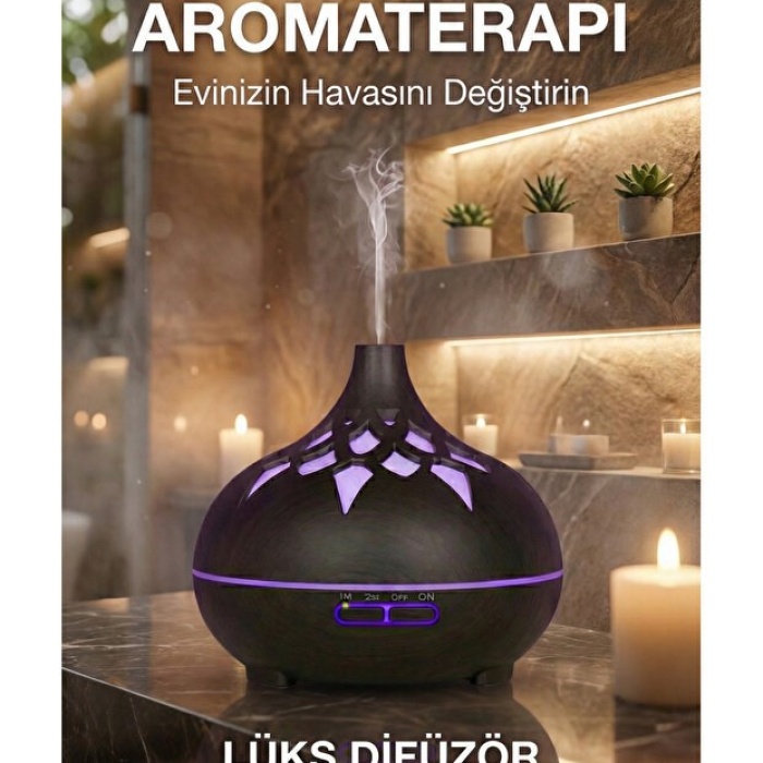 Aroma Difüzör Gece Işığı 7 Led DESENLİ Nemlendirici Kumandalı Buhar Makinesi 550 ml