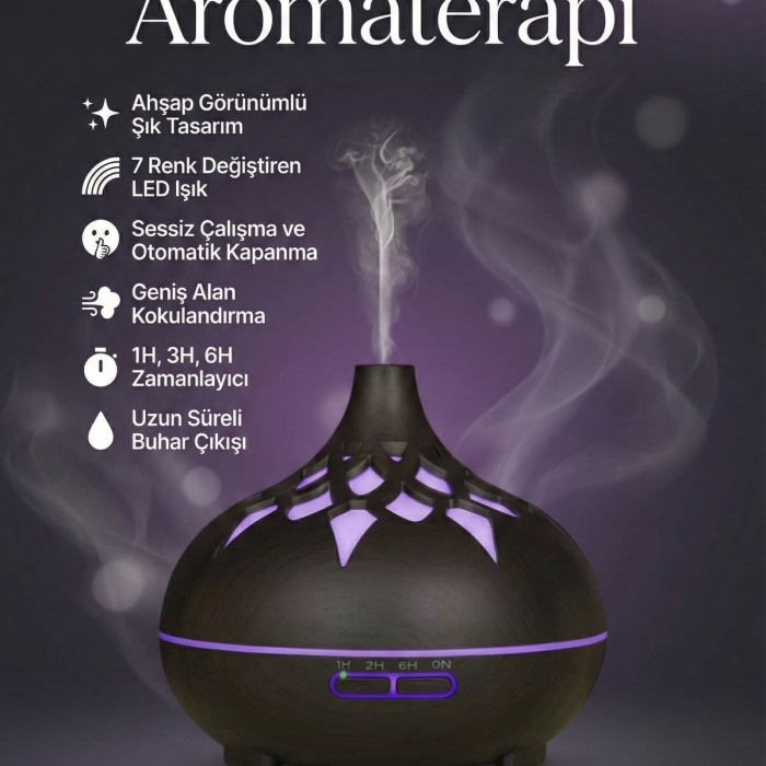 Aroma Difüzör Gece Işığı 7 Led DESENLİ Nemlendirici Kumandalı Buhar Makinesi 550 ml